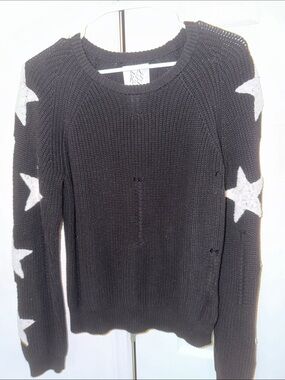 Zoe Karssen Black Knit Crewneck Sweater with White Star Sleeves
